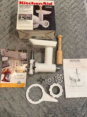 New Vintage KitchenAid White and Wood Food Grinder Attachment with Accessories